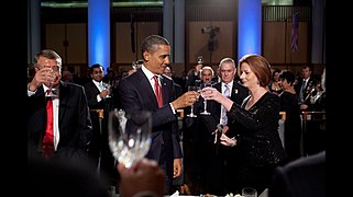 Wayne Swan, Barack Obama and Julia Gillard toast at a dinner at Parliament House in 2011