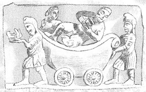 希腊酒神戴欧尼修斯和伴侣阿里阿德涅斜躺在推车上。[44]