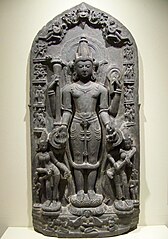 11th-century Vishnu sculpture the goddesses Lakshmi and Sarasvati. The edges show reliefs of Vishnu avatars Varaha, Narasimha, Balarama, Rama, and others. Also shown is Brahma. (Brooklyn Museum)[190]