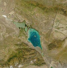 Aerial photo of two salt lakes in Kazakhstan