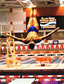 A diver launching off the high-dive at the Allan Jones Aquatic Center at the University of Tennessee Knoxville