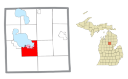 Location within Roscommon County and the administered CDPs of Prudenville (1) and portion of Houghton Lake (2)