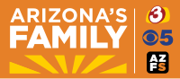 In an orange box, from top left: The white lettering "Arizona's Family" in a sans serif. Beneath, six yellow rays. To the right is a white line separating it from three symbols: the 3TV logo, the CBS 5 logo, and a black rounded rectangle with the uppercase white lettering "A Z F" and orange lettering "S" on two lines.