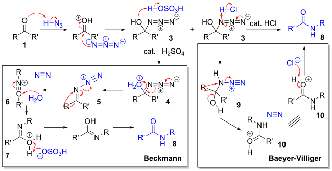 Two proposed reaction mechanisms for the amide formation from a ketone via Schmidt reaction