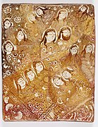 Early 13C vertical-format Persian tile from Kashan, with a bearded man and 15 women, each with nimbus and diadem