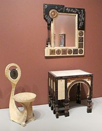 Chair, mirror and table by Carlo Bugatti (1902) (Chicago Art Institute)