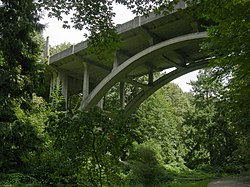 在树木繁茂的山沟的艺术装饰风格的混凝土桥——考恩公园大桥