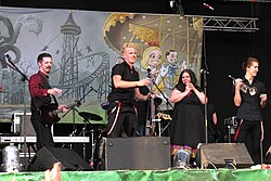 Diablo Swing Orchestra at the Global East Rock Festival in 2010. From left to right: Pontus Mantefors, Johannes Bergion, AnnLouice Lögdlund, and Martin Isaksson.