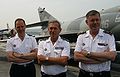 From left to right: Capitaine de Vaisseau Xavier Magne (captain of the Charles De Gaulle), vice-amiral d'escadre Alain Dumontet, commander of the Force d'Action Navale, and contre-amiral Édouard Guillaud, Préfet maritime of the English Channel and North Sea (former captain of the Charles De Gaulle 1999–2001).