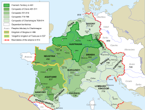 法蘭克帝國五個擴張階段的地圖