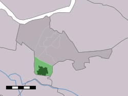 The town centre (dark green) and the statistical district (light green) of Hoevelaken in the municipality of Nijkerk.
