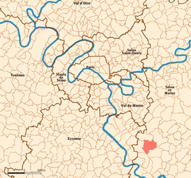 Location (in red) within Paris inner and outer suburbs