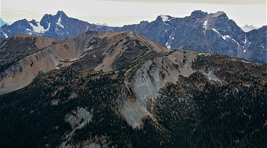 North Tatie Peak (7,370 ft) centered. Viewed from Slate Peak. (Azurite Peak left, Mt. Ballard right)