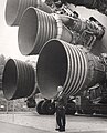 Wernher von Braun with the F-1 engines of the Saturn V first stage at the U.S. Space and Rocket Center