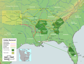 Map of the United States, showing the routes that Native Americans were driven from their homeland to the Indian Territory.