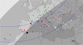 Map showing the location of telescopes that participated in the 8 August 2020 occultation campaign. Telescopes within the path of 2002 MS4's shadow (region between the two solid blue curves) made positive detections (blue and red points), whereas telescopes outside the path made negative detections (green points).