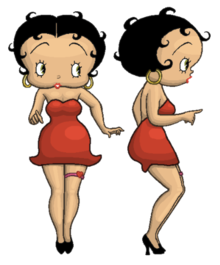 A cartoon flapper with neotenous features with short curly black hair and wearing a short black dress