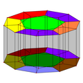 An orthographic projection with a wireframe model and has half of the pentagonal faces colored to show the two dodecahedra. The dodecahedra are regular, but look flattened because of the projection and direction of viewing.