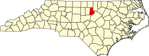 Map of North Carolina highlighting Durham County