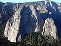 Harding's popular 'East Buttress' route on Middle Cathedral Rock goes up just right of the left skyline. The long 'North Buttress', also from 1954, goes up the long central buttress, just to the right of the area where the sun meets the shade.