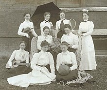 Photograph of members of the State Normal and Industrial School Faculty Tennis Club in 1900