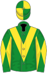 Green, yellow chevron, diabolo on sleeves, quartered cap