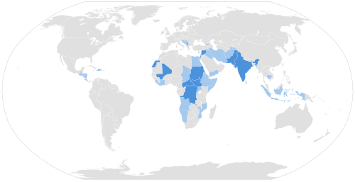 A world map of countries, with certain countries colored dark blue for ongoing UN peacekeeping missions, and light blue for completed missions. Refer to the article's tables for more information.