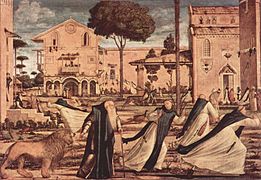 圣叶理诺带受伤的狮子到修道院