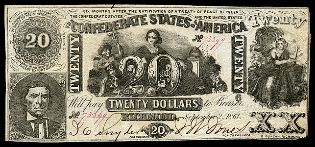 $20 (T20) Alexander H. Stephens, Industry between Commerce and beehive B. Duncan (Columbia, S.C.) (2,834,251 issued)