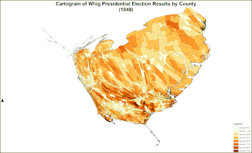 Cartogram of Whig presidential election results by county