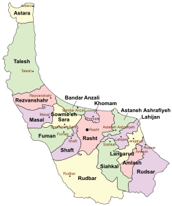 Location of Sowme'eh Sara County in Gilan province (center, yellow)