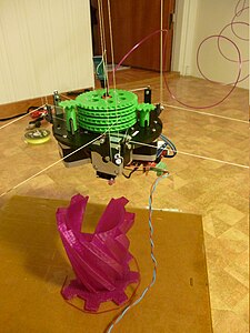Hangprinter v1. Counterweights tied in at its center cylinder.