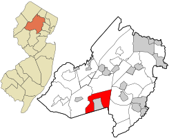 Location of Mendham Township in Morris County highlighted in red (right). Inset map: Location of Morris County in New Jersey highlighted in orange (left).
