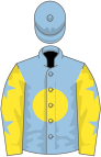 Light blue, yellow disc, yellow sleeves, light blue stars