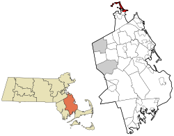 赫尔在普利茅斯县及马萨诸塞州的位置（以红色标示）