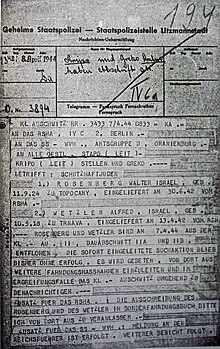 自奥斯维辛集中营发往柏林总部、奥拉宁堡党卫军等地的电报，载有两名逃亡者鲁道夫·弗尔巴(Rudolf Vrba)和阿尔弗雷德·韦茨勒(Alfred Wetzler) 的描述。