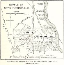 Map based on one prepared for General Branch, showing his defensive lines. New Bern is off the map at the top; the Federal advance is from the bottom of the map. The Neuse River flows from top to bottom on the right; the left is limited by Bryce Creek, roughly parallel to the river. The Beaufort–New Bern railroad bisects the image vertically. The defense on the right is a straight line from the river to the railroad, about 3/4 of the distance from the top. From the railroad to Bryce Creek, the line of defense follows another small creek. The right and left halves of the defensive line are offset at the railroad. The land is covered by woods except immediately in front of the lines, where the timber has been felled.