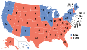 Presidential election results map. Red denotes states won by Bush/Cheney and blue denotes those won by Gore/Lieberman. One of D.C.'s three electors abstained from casting a vote for president or vice president. Numbers indicate electoral votes cast by each state and the District of Columbia.