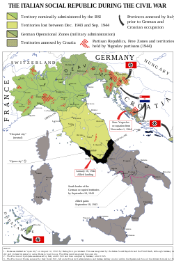 1943年9月意大利王国本土崩溃时的情况。绿色和青绿地区为意大利社会共和国控制及控制过的领土，灰色地区为意大利王国（巴多格里奥政府（英语：Badoglio I Cabinet））/盟军控制。意大利直辖的达尔马提亚及十二群岛地区分别被克罗地亚及德国占领。