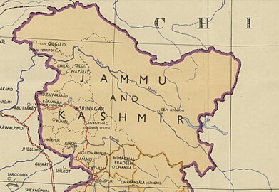 1954年印度政治地图，当时印度认定该地的分界线在印度河上游（狮泉河）上。