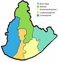 Lindesnes Region in orange, in the map of Agder.