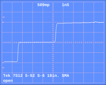 TDR of step into disconnected SMA male connector (non-precision open) horizontal: 1 ns/div vertical: 0.5 ρ/div