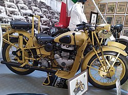 Benelli 500 two-seater motorcycle from 1942 with "side valve" engine built expressly for the Royal Italian Army for the war in the desert