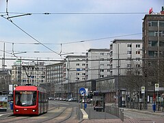A Variobahn unit towards Stollberg in central Chemnitz running on urban tram network. (April 2010)
