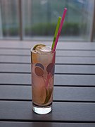 Gin and tonic made from Estonian Crafter's Gin. The botanicals in the gin have turned the drink pink in colour
