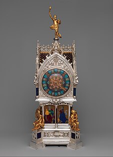 Table clock with calendar, by the Firm of Lucien Falize, Germain Bapst, Léon Chédeville and the firm of Le Roy et fils, 1881, silver, partly enameled gold, hardstones, rock crystal, amethysts, and diamonds, Metropolitan Museum of Art