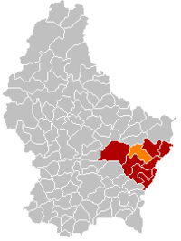 比韦尔在卢森堡地图上的位置，比韦尔为橙色，格雷文马赫县为深红色