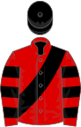 Red, black sash, hooped sleeves, black cap