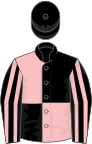 Black and pink (quartered), striped sleeves, black cap