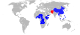 Cases of polio in 2005 (top) and 2019 (bottom). Red: endemic; orange: re-established; green: imported; blue: vaccine derived; grey: none